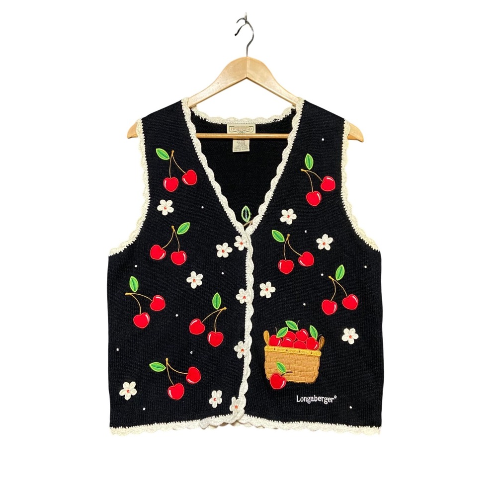 Longaberger Homestead Black Cherry Floral Knit Sweater Vest Medium Cottagecore